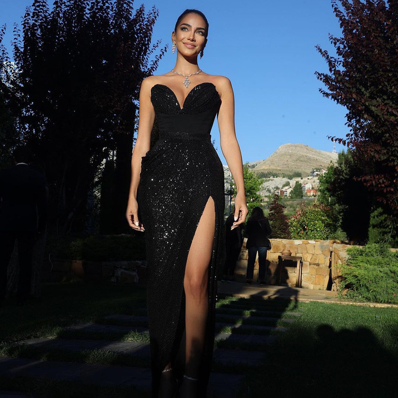 SS2226 Women's Strapless Evening Dress Shiny Sequined Two-Piece Set for Summer Parties