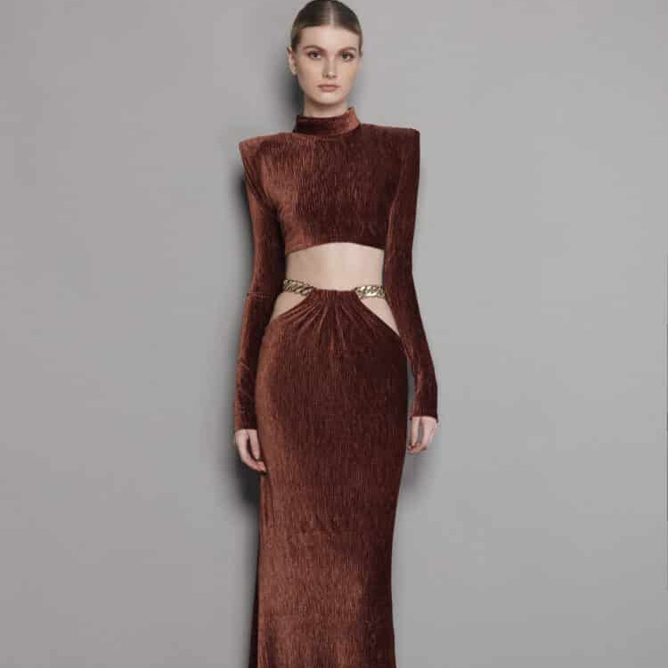 SS2215 Shining Women's Long Sleeve Business Shirt Two-piece Set Dress with Waist Belt and Velvet Long Skirt Size S-L