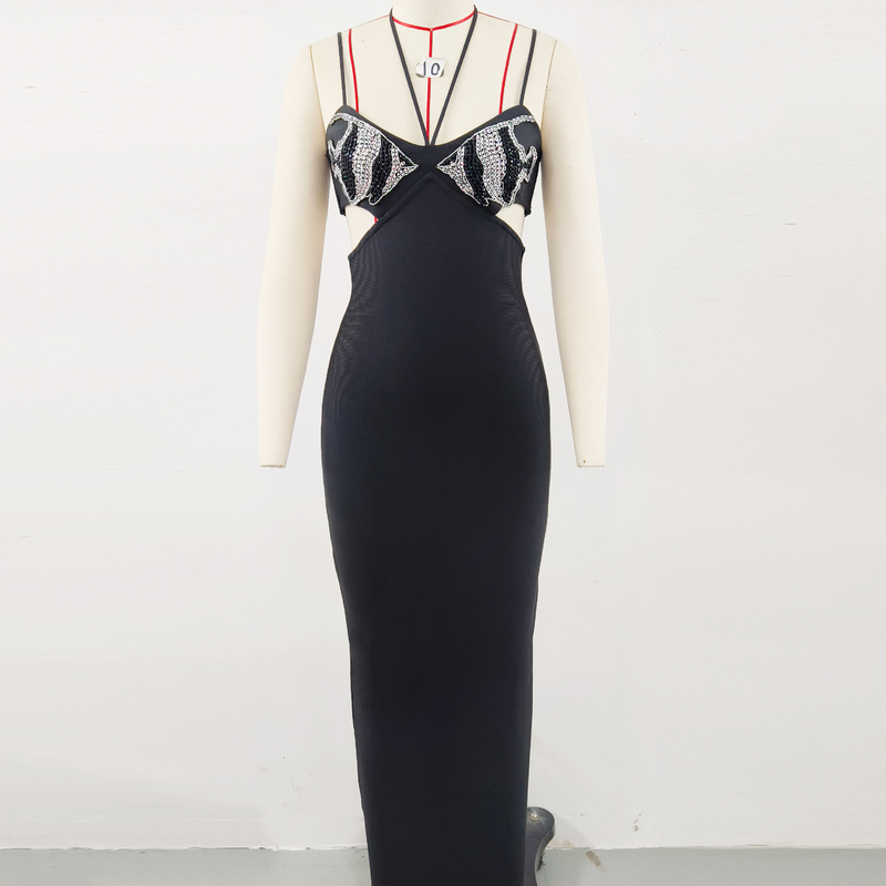 SB3288 Hollow Waist Sexy Bodycon Dress with Luxurious Crystal Bandage Black Maxi Length Party Dress