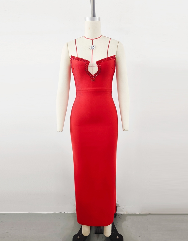 Adult Women's Dance Party Maxi Red Crystal Off-Shoulder Bodycon Bandage Dress with 240g Fabric Weight