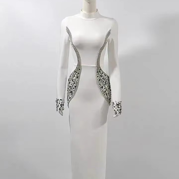LS2582 Women's Maxi Dress Long Sleeves and Crystal Embellishments for Fashionable Women's Clothing