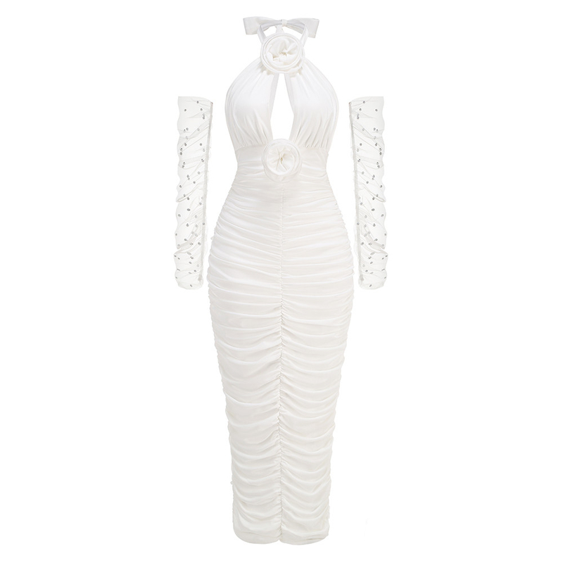 SB3164 Max Length Sexy Pleated Hem Backless V-neck Evening Dress in Elegant White for Wedding Perfect