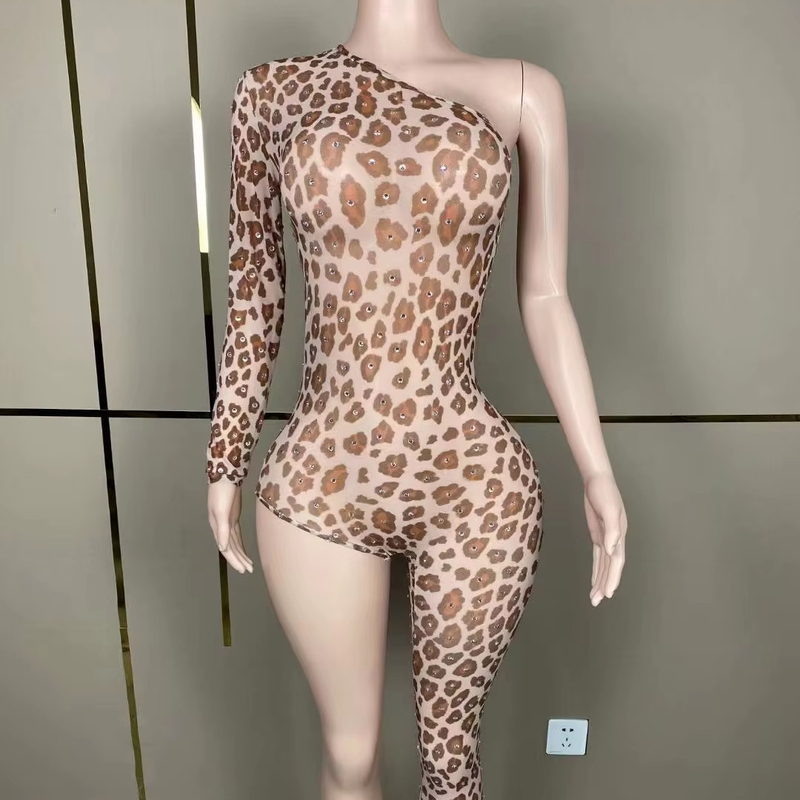 100 Pieces of AD1827 Animal Print Women's Leopard Fashion Show Asymmetrical Sexy Jumpsuit with Flash Printing in 7 Days