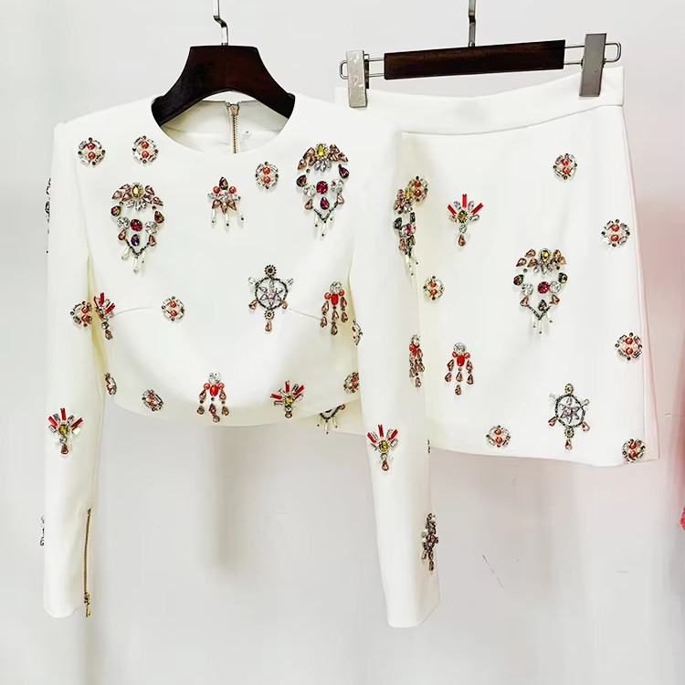 Stock/Ready-to-Ship SR2275 Two-Piece Dress and Elegant for Women Colorful Crystal Long Sleeves 240g Fabric Weight