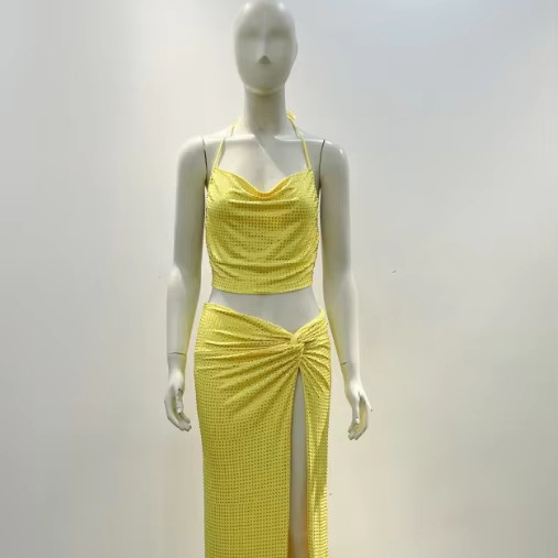 SS2325 Kimsehin Women's Daily Wear Sleeveless Beaded Two-Piece Birthday Maxi Dress Set with Ammonia / Polyester Material