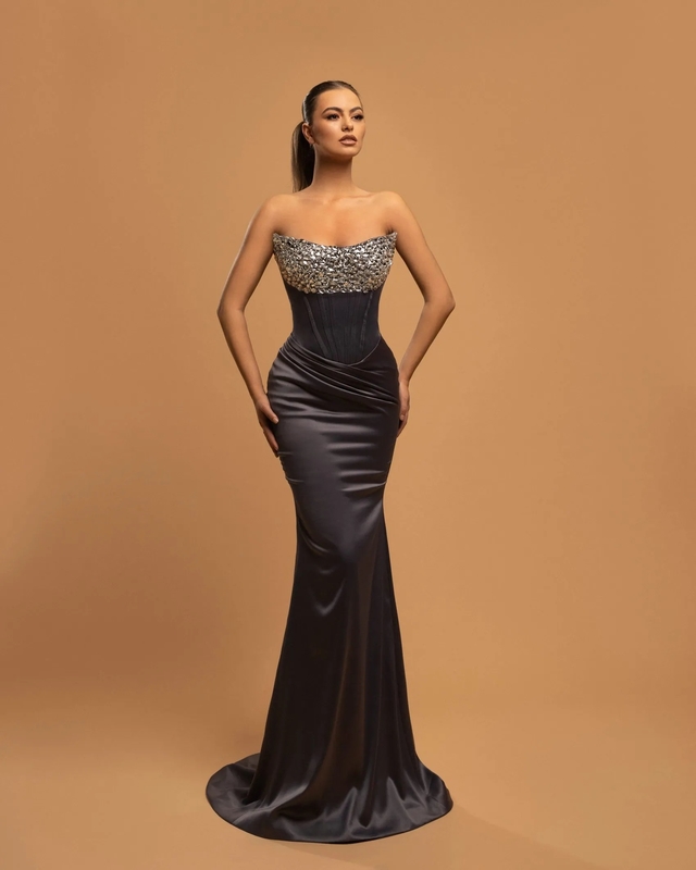 ED2544 Black Evening Dress Sexy Slim Fit Mermaid Style Pleated Retro Knit Party Wedding Party Floor Length for Women's