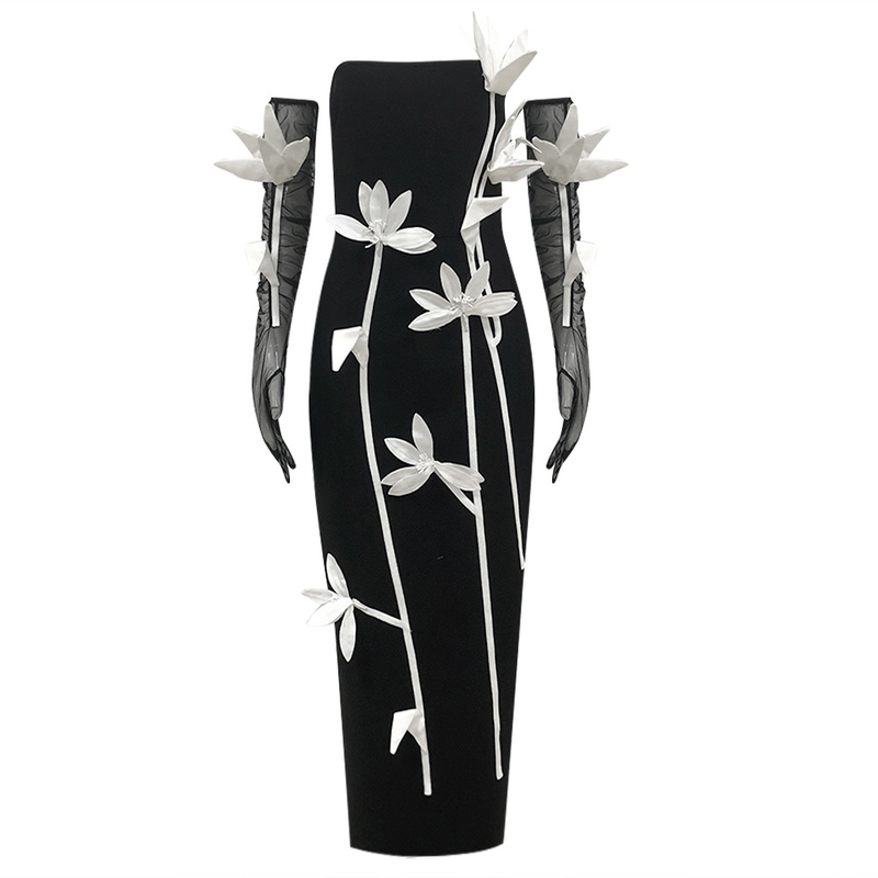 No Shoulder Strap Natural Waistline Black Maxi Dress with 3D Floral Bodycon Design and Sleeveless Design
