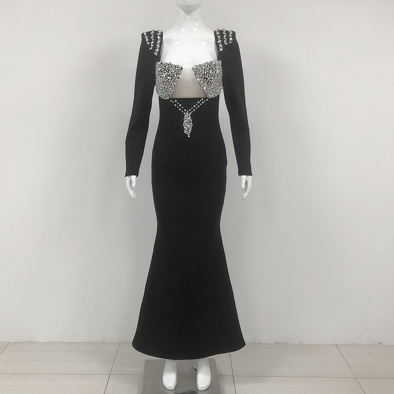 LS2590 End Bandage Mermaid Long Dress with Water Diamonds and High Slit Customizable Logo Position Concave-convex Printing