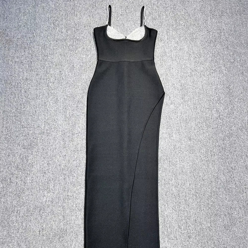 SB3089 Women's Sleeveless Diamond Black Maxi Dress High Slit Crystal Bandage Evening Gown for a Stunning and Elegant Look