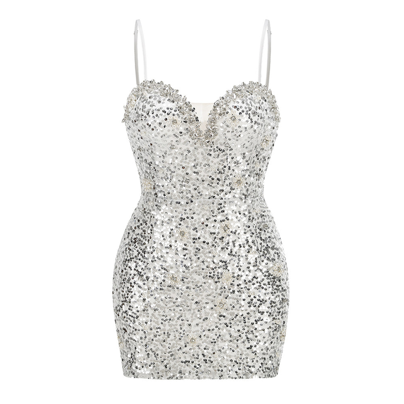 SB3295 Silver Sequin Women's Luxurious Pearl Crystal Mini Bodycon Dress Elegant Party Dress in Pure Color from Guangdong
