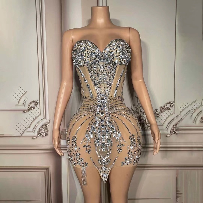 kimsheinfashion AD1840 Water Diamond Dress Net Performance Women's Summer Party Dress Mini Dress Without Shoulder Strap