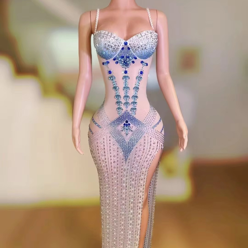 AD2392 Classic Dress Sexy Role Play Outfit Crafted from Spandex/Polyester with High Slit and Sparkling Rhinestone Accents