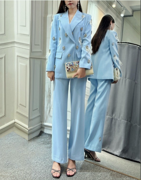 Kimshein SR2269 Spring Women's Feather Clothing Set Pure Color and Water Drill Crystal for Customer Requirements