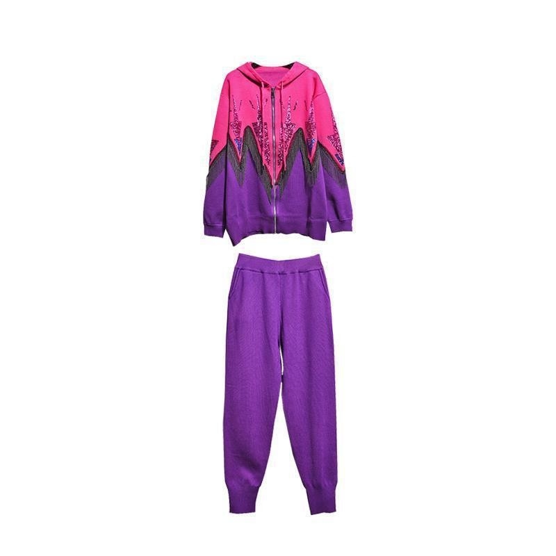 Kimshein WC2200 Women's Designer Winter Casual Sweater Plus Size Coat Shiny Fringe Suit Set Twinset Matching Set