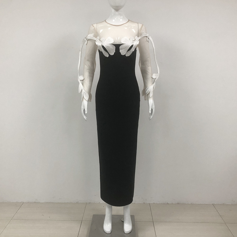 Full Sleeve Unique Floral Maxi Dress for Women LS2577 Sexy See-Through Mesh Bandage Party Dress