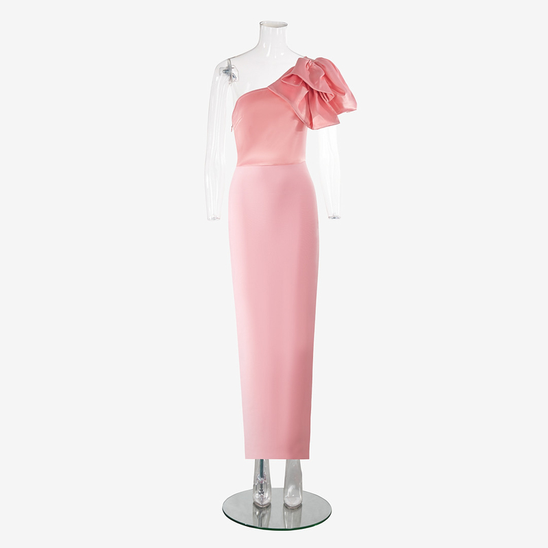 kimsheinfashion SB3037 Single Shoulder Women's Cocktail Dress in Light Pink with Ruffle Trim and Bandage Design