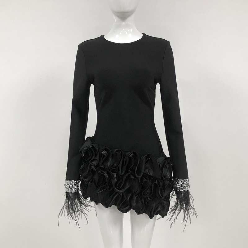 LS2576 Long Sleeve Black Feather Mini Floral Crystal Fashion Luxury Women's Bandage Dress for Women's High Fashion Dress