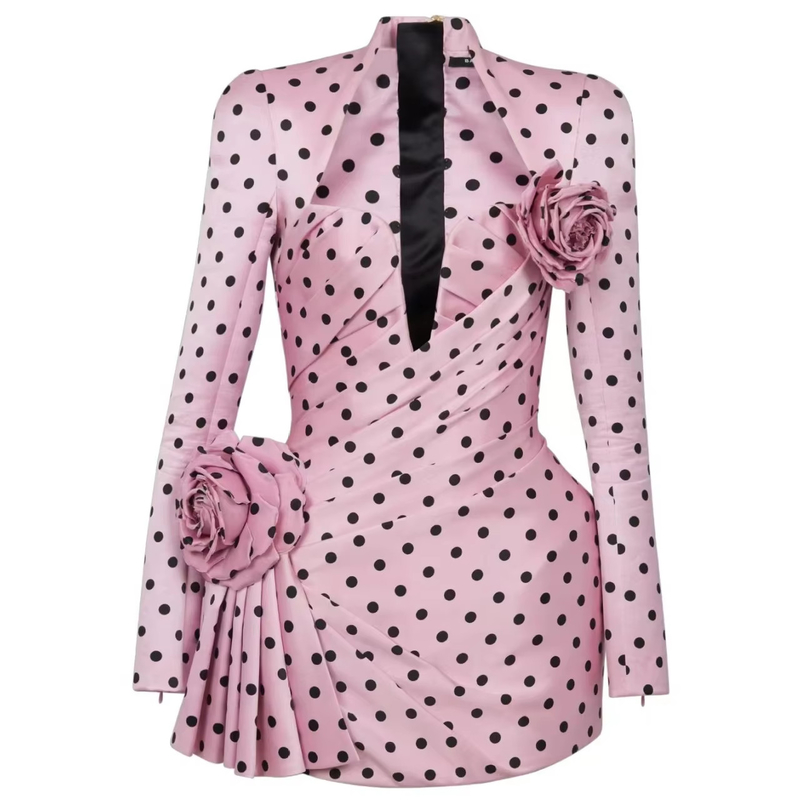 Kimsheinfashion LS2596 Women's Deep V-Neck Party Dress Elegant Polka Dot Print and 3D Flower Decoration for a Chic Look