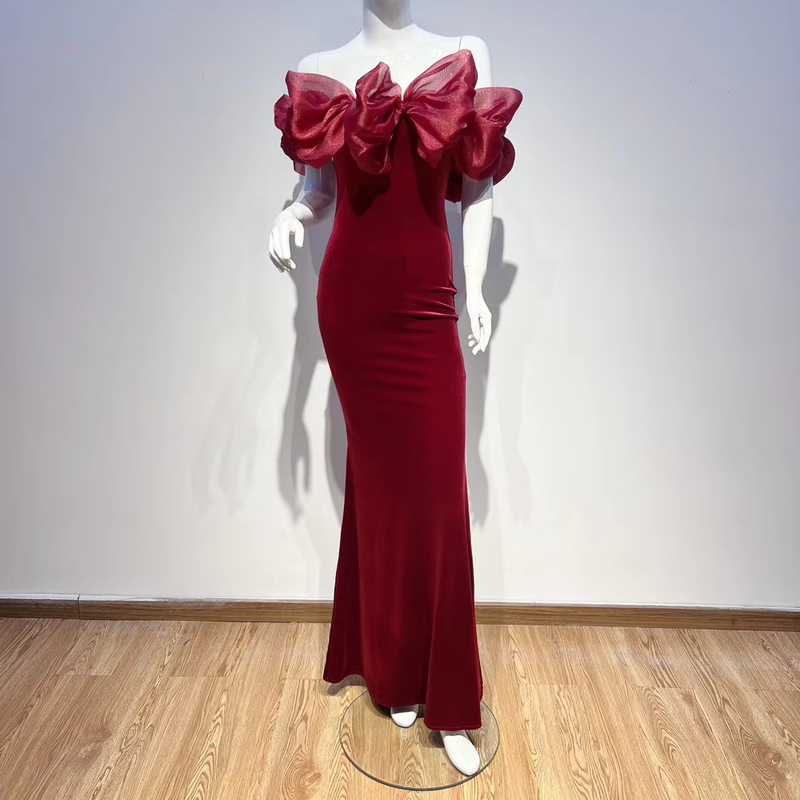 SB3299 Women's Fashion Luxury Evening Dress Lady's Gold Elegant Velvet Dress with Swan Design Washable Natural Waistline