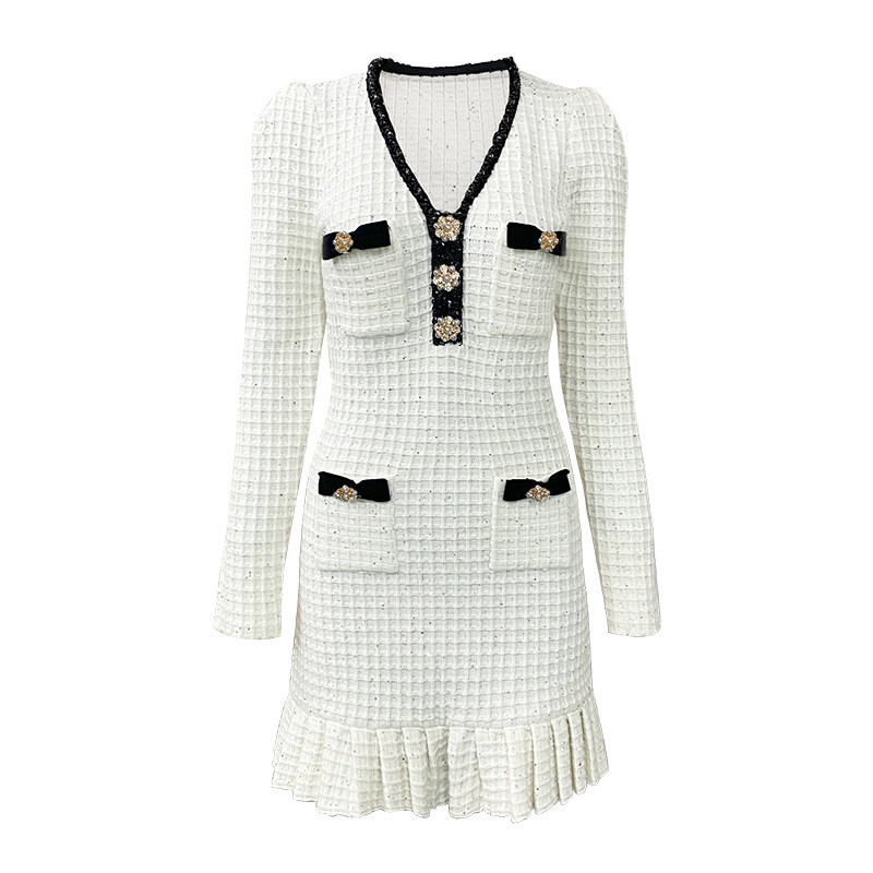 Spring Party Knitted Dress with Bow Tie KD2316 Women's Black Butterfly Bow Long Sleeve Dress in Wool Material