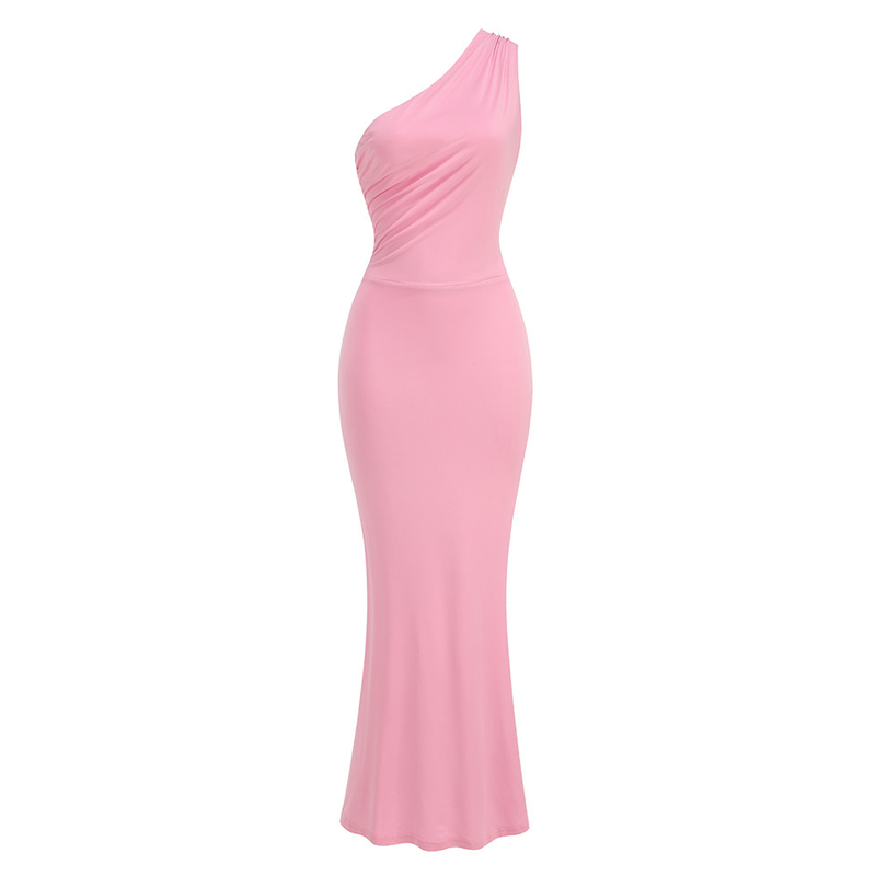 250g Milk Silk Fabric Maxi Length Asymmetrical Neck Pleated Dress Pink French Style Sexy Party Dress Made in Guangdong