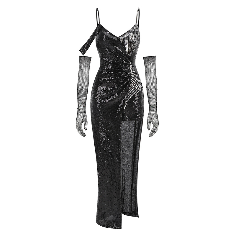 Glamorous Polyester Fabric Crown Waistline Nightclub Irregular Dress with Sequin Cocktail High Slit Summer Dress SB3285