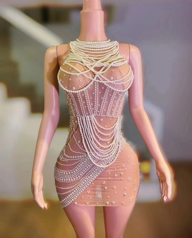 Seductive Pearl Dress for Women's Performance Costume AD2224 Sexy Club Sheath Mini Dress in Elegant Nightclub Party Look