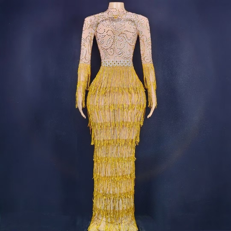 AD2376 High Slit Bodycon Dress with Fringe and Beading Luxurious Evening Gown from Guangdong Origin