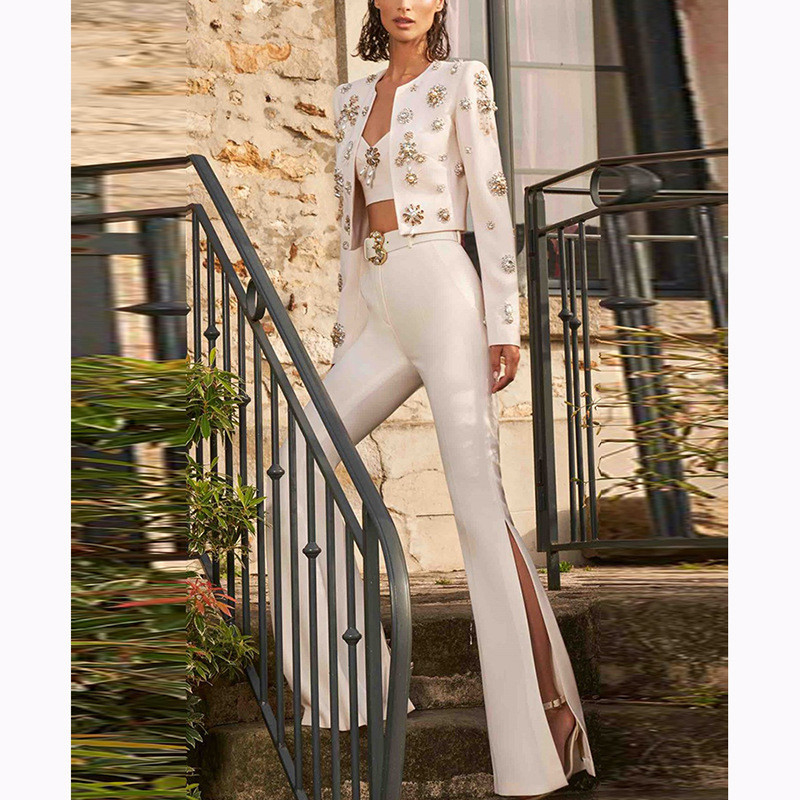 Autumn Fashion Two-Piece Set with Tight Pants SR2251 White Crystal Luxurious Business Suit Minimum Order 1 Piece