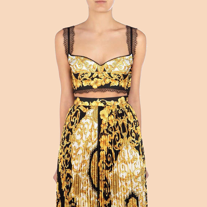Vintage Floral Print Lace Vest and Pleated Skirt Designer Summer Two-Piece Dress for Breathable Comfort