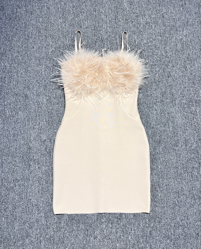Summer Feather Bandage Spaghetti Strap Dress Italian Slim Elegant Sexy Party Evening Dress Mini Dress Full Polyester