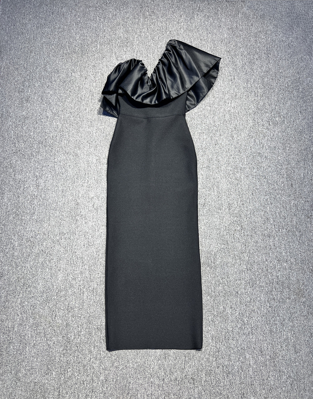 SB3187 Kimshein Fashionable Black Bandage One-Shoulder Dress with Tight-Fitting Silhouette and Popular Cage Belt Elements