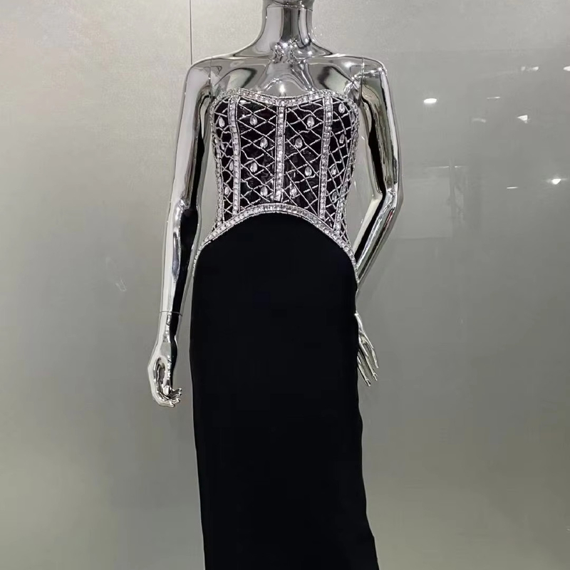 kimshein SB3244 Black Cocktail Dress Strapless Off-Shoulder Tight Evening Gown Bandage Crystal Beaded Skirt Bandage Dress
