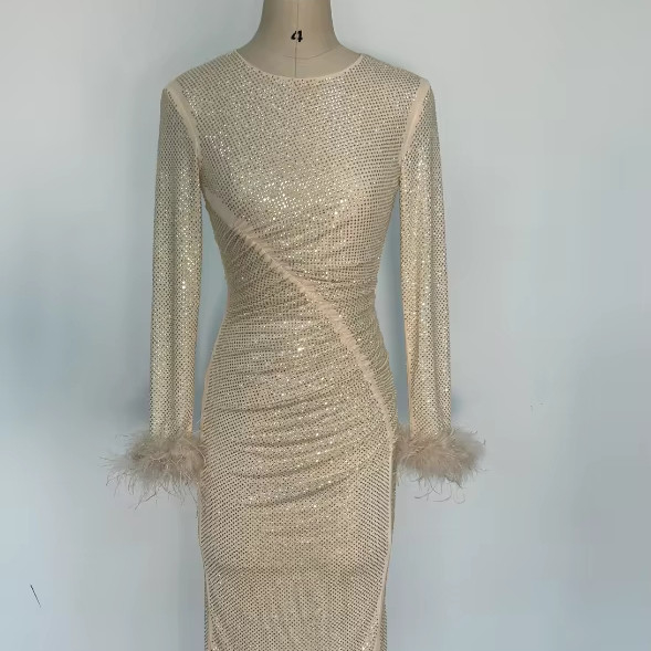 Custom Logo Design Supported LS2585 Women's Beaded and Feather Evening Dress for Birthday Party Flowy Sheer Element