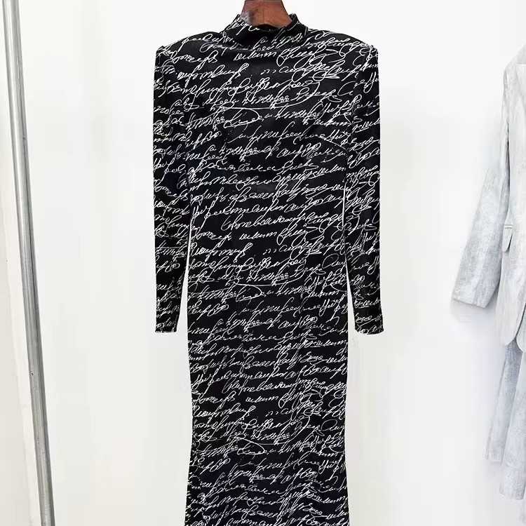 Velvet Black Long Sleeve Party Dress LS2584 Spring Maxi Dress for Women V-Neck Collar 220g Fabric Weight