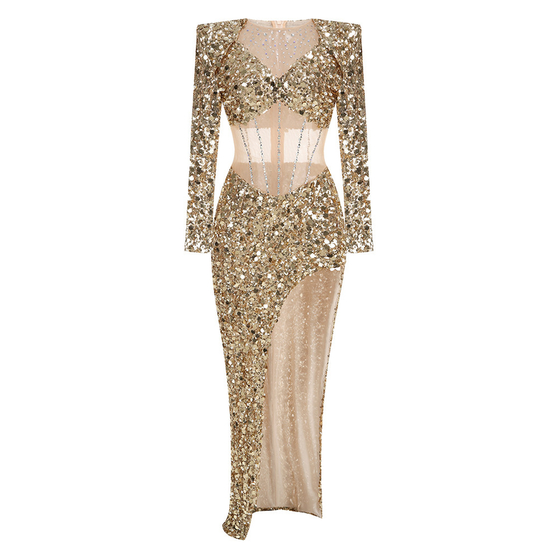 End Su Kun LS2592 Evening Dress Irregular High Slit Water Diamond Decoration Long Sleeves Irregular Style Elastic Material