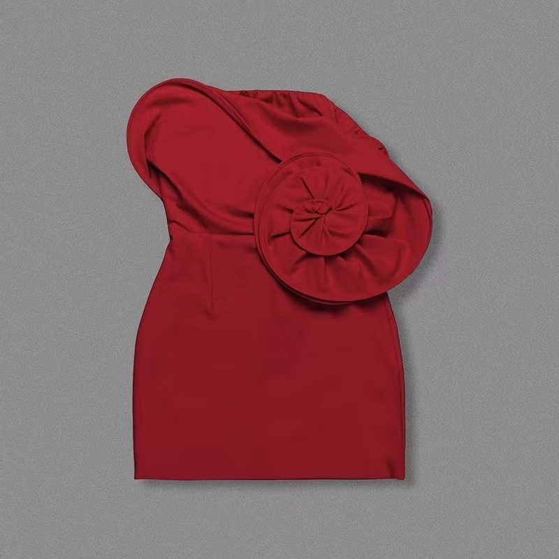 Red 3D Flower Mini Length Party Dress for Women Christmas and Year Dress Non-woven Fabric Weaving Method Stock/ Supply Type