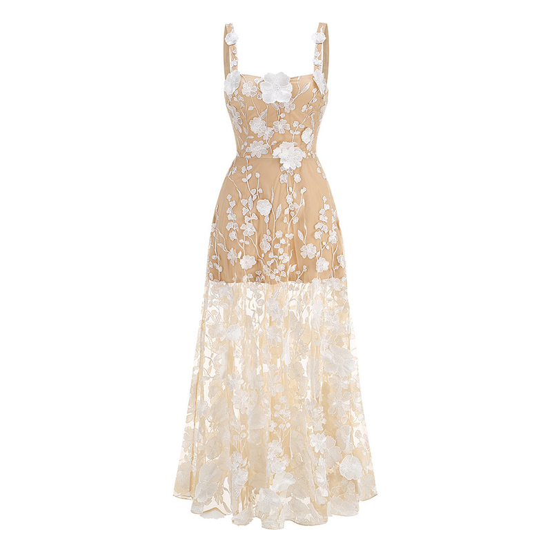 kimshein SB3055 Fashionable 3D Flower Sexy Dress for Sweet Party Maxi Sleeveless Slim Dress Elegant