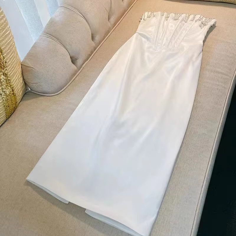 SB3111 Satin Off-Shoulder Pearl Fringe Party Dress Sleeveless Tight Celebrity Elegant Evening Gown for Feminine's Party