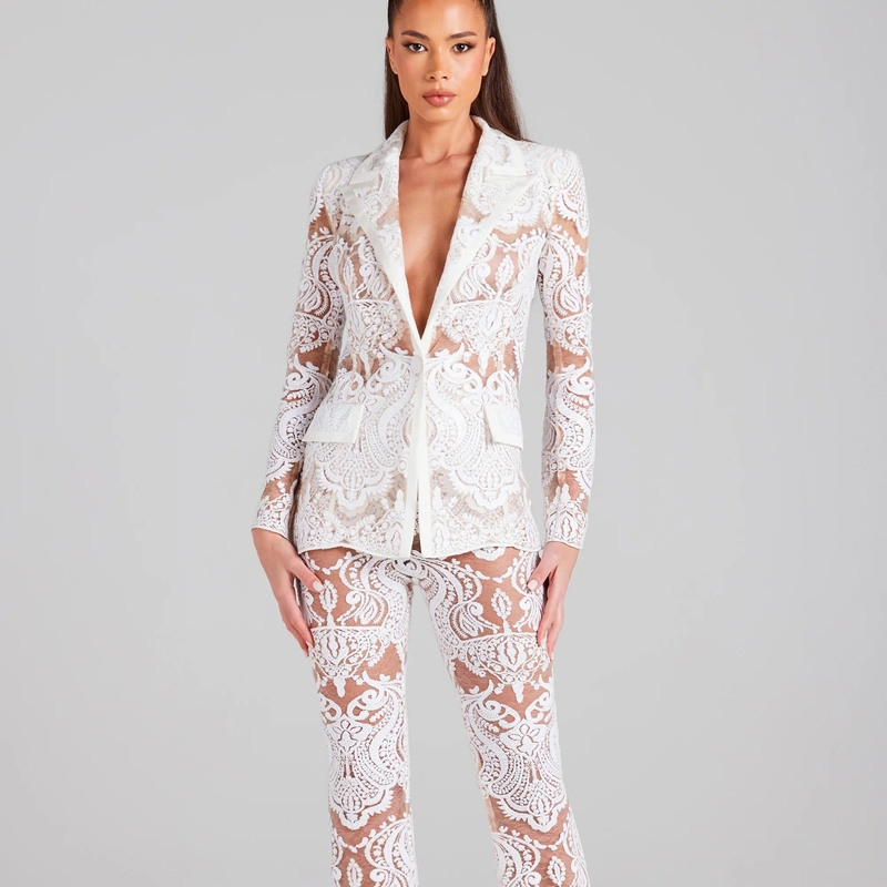 SR2248 Autumn White Lace Two-Piece Professional Business Women's Suit Set Perfect for Formal and Business Occasions