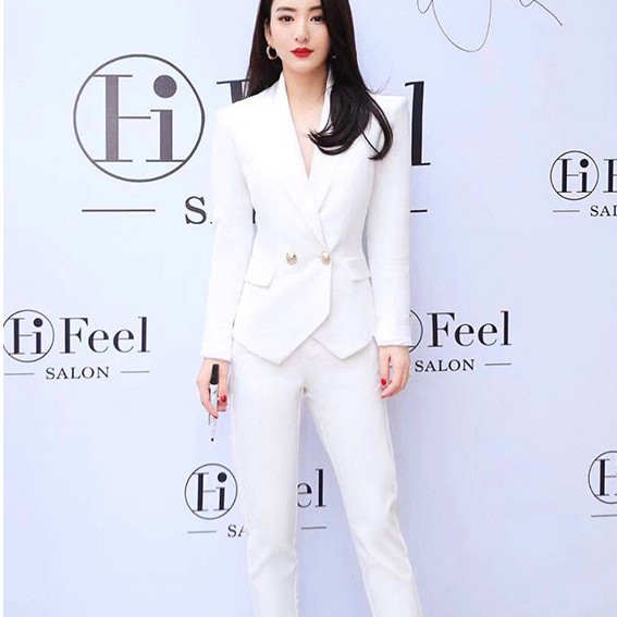 SR2245 Spring Collection Elegant Two-Piece White Suit Set for Women's Business in Tight Fit