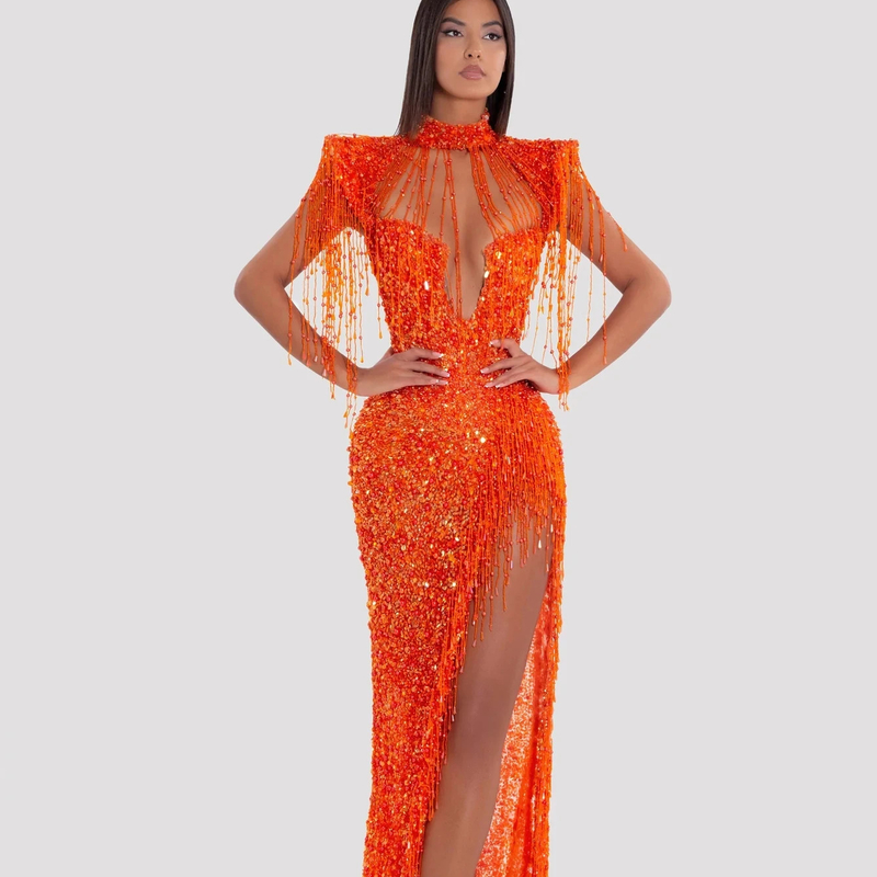 ED2570 Orange High Slit Sexy Maxi Dress Luxury Evening Dress for Women Elegant Party Dress Shiny Pearl Evening Gown