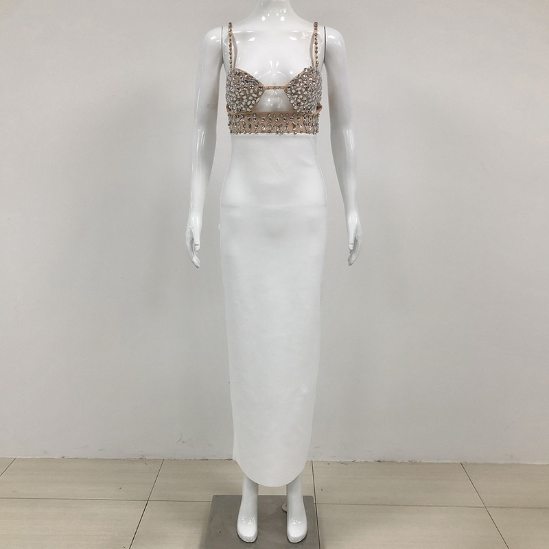 SB3249 White Fashion Crystal Bandage Dress Rhinestone Evening Gown for Women's Formal Functions