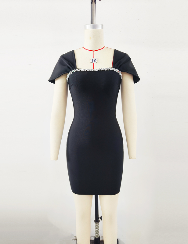 Summer Kimsheinfashion Black Short Sleeve Bandage Dress Square Neckline and Water Diamond for a Sophisticated Party Look