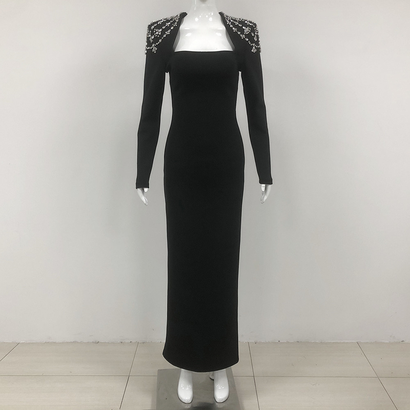 LS2566 Elegant Women's Crystal Dress Long-Sleeved Party Bandage Skirt Straight Cut for Clothing Retailers
