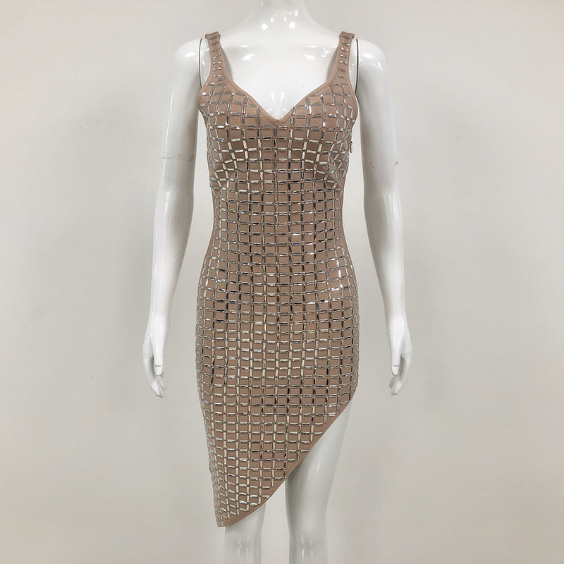 Medium Size Brown Crystal Dress Made of Bandage Material Sleeveless Party Dress Backless Nightclub Clothing from Made