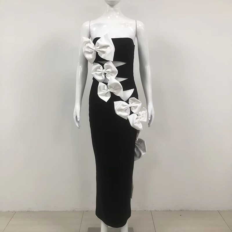 Natural Waistline Sexy Cutout Bandage Bodycon Dress with Off-Shoulder Design and Butterfly Bow for Party Evening Gown