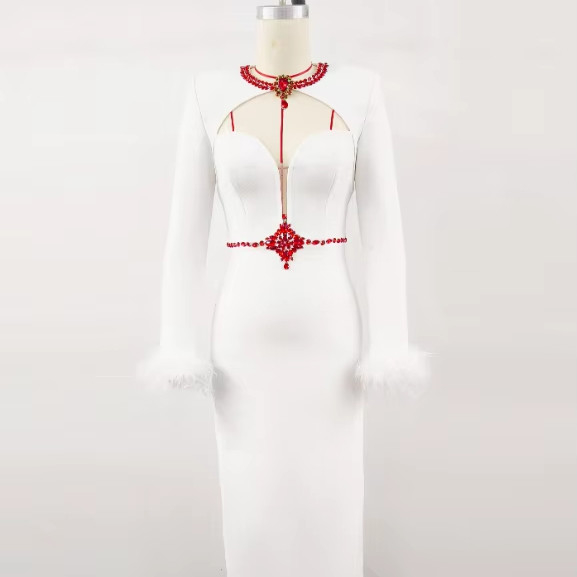 Long Sleeves and Intelligent Tracking Support Ostrich Feather Diamond Dress for Women Kimshein LS2530