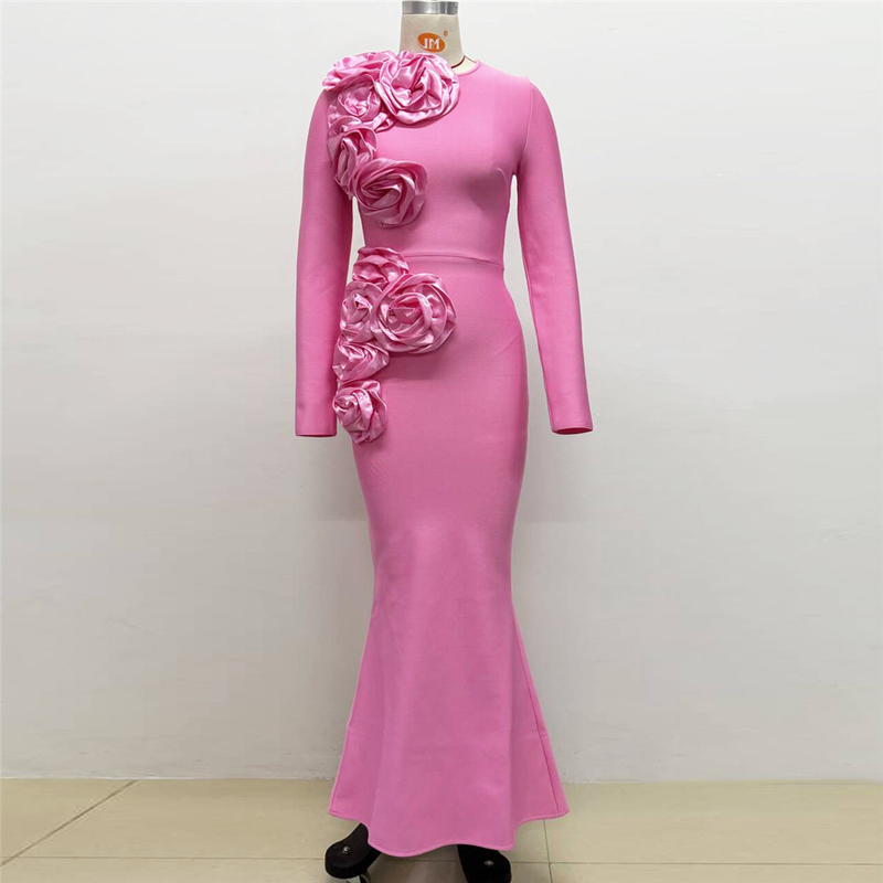 Stock Natural Waistline LS2537 Fashion Spring and Autumn Women's Long Sleeve Maxi Dress with Beautiful 3D Flower Bandage Dress