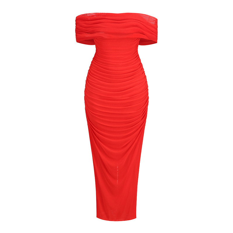 Natural Waistline Red Maxi Dress for Women's Dance Party Off-Shoulder Evening Club Dress High Fashion